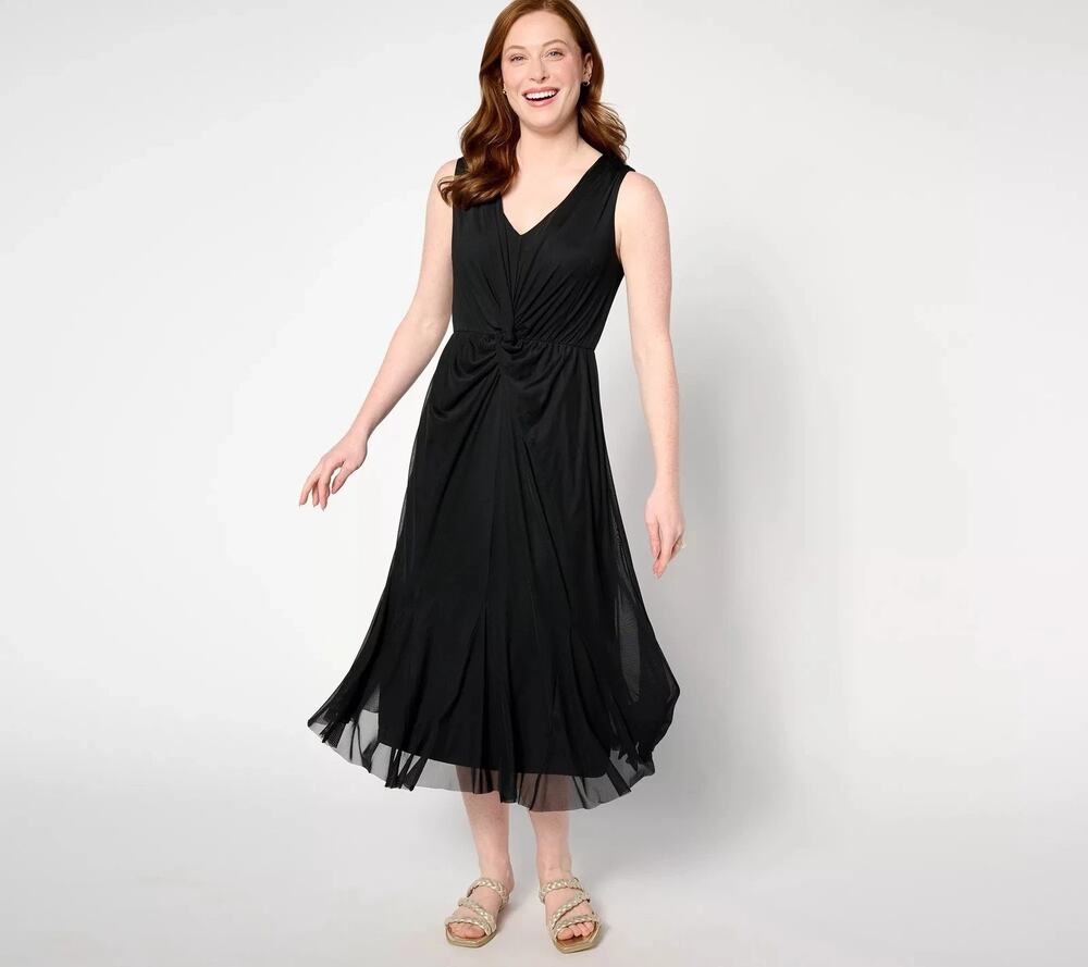Isaac Mizrahi Live Dress Womens XL Black Twist Front Mesh Midi Sleeveless